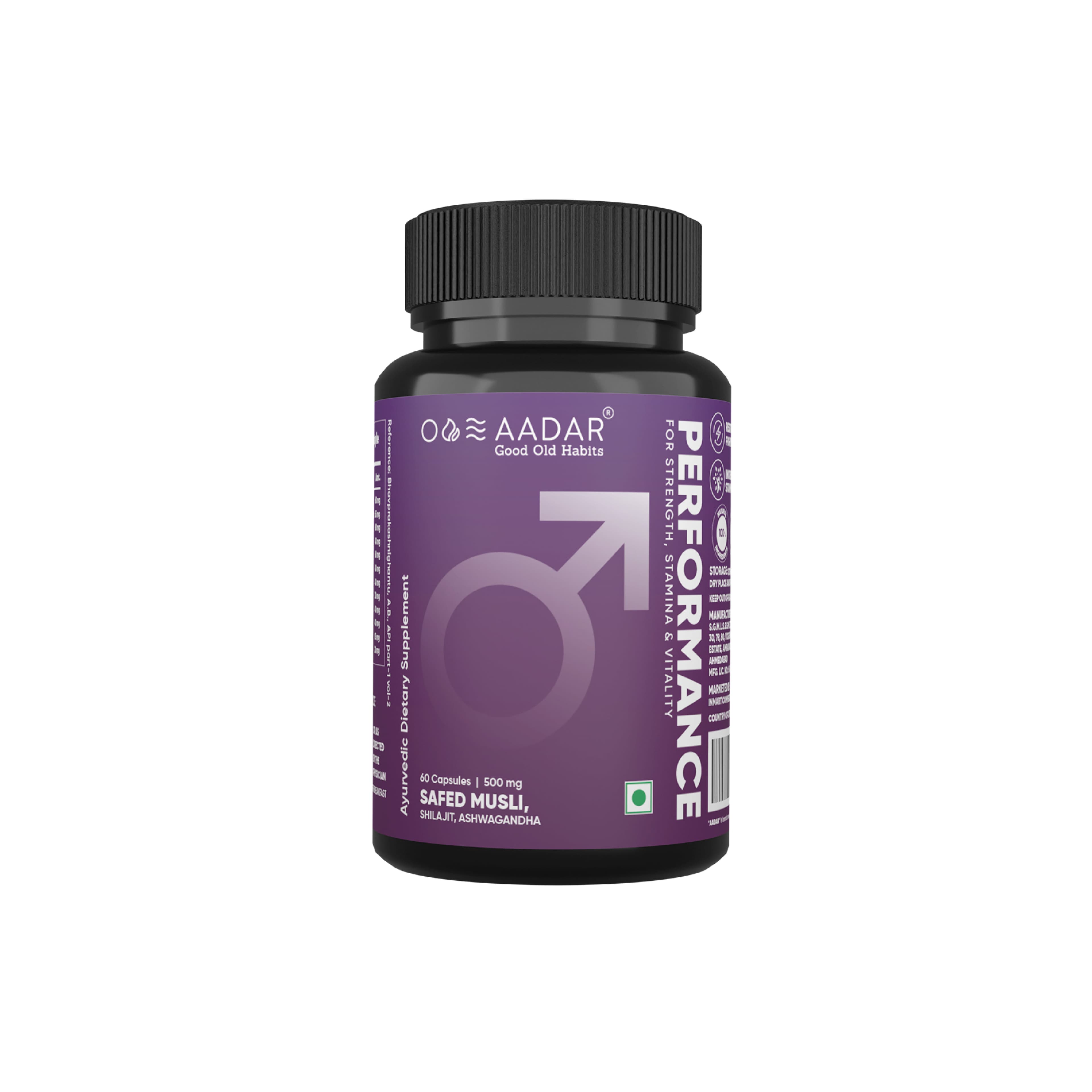 AADAR Performance Ayurvedic Strength, Energy Booster for Men Helps in Muscle Growth Safed Musli, Ashwagandha, Gokshura 60 Capsules (Pack of 1) - Nutrition and Fitness Supplements | Buy online on ZillyBuy