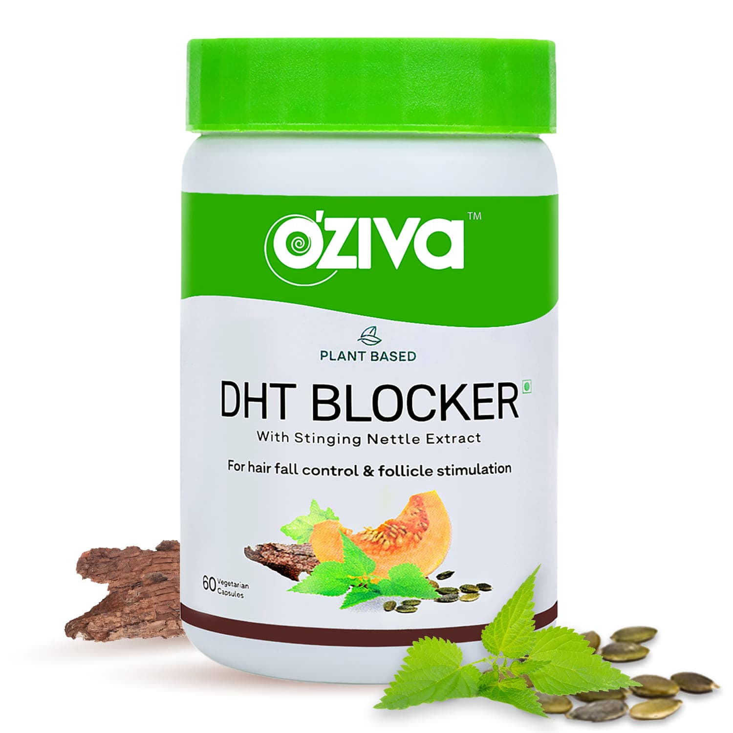 Oziva Plant Based Dht Blocker, 60 Capsules (Stinging Nettle, Beta Sitosterol, & Pine Bark), Controls Hairfall & Stimulates Follicles, Certified Clean & Vegan