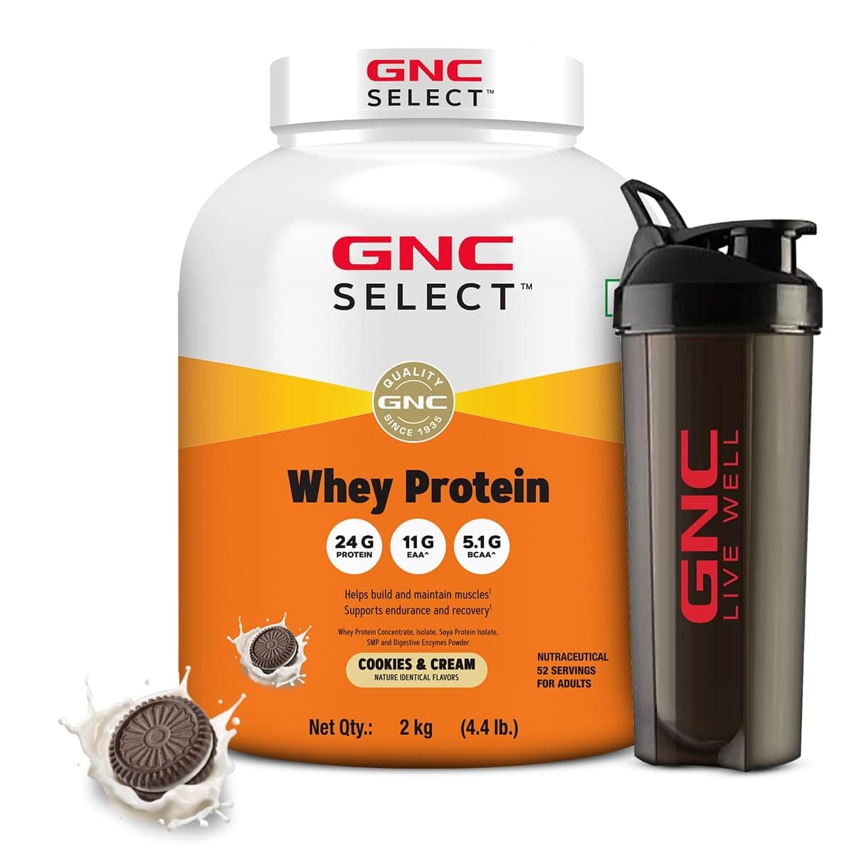 GNC 100% Whey Protein Powder With Free Shaker | Faster Muscle Recovery | Boosts Strength & Endurance | Zero Added Sugar | Builds Lean Muscles GNC 100% Whey Protein Powder With Free Shaker | 2.2 LBS (1KG) | Cookies & Cream | Faster Muscle Recovery | 24 Gm
