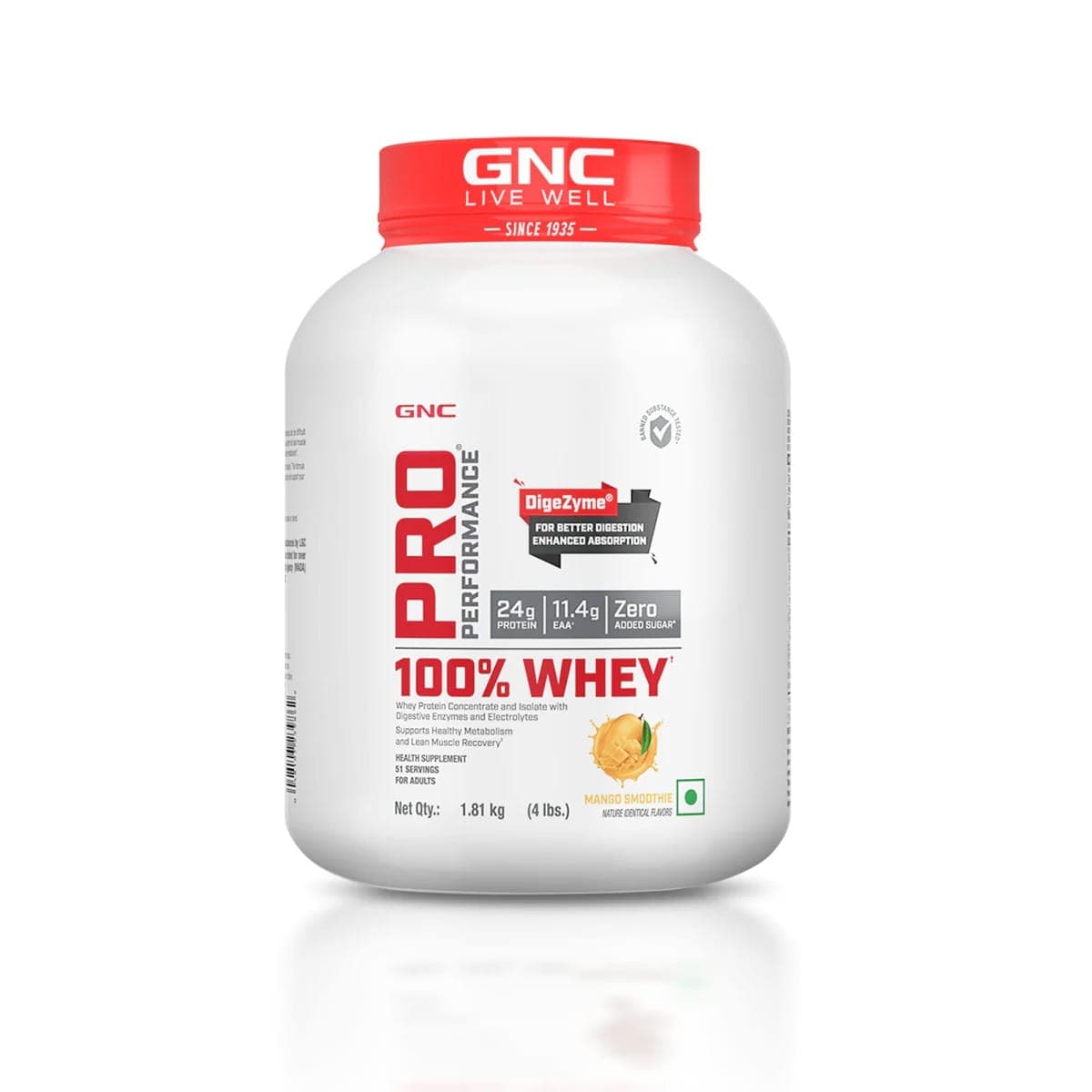 GNC Pro Performance 100% Whey Protein Powder | Boosts Strength & Endurance | Builds Lean Muscles | Fastens Muscle Recovery | Formulated In USA | 24g Protein | 5.5g BCAA | Mango Smoothie | 4 lbs