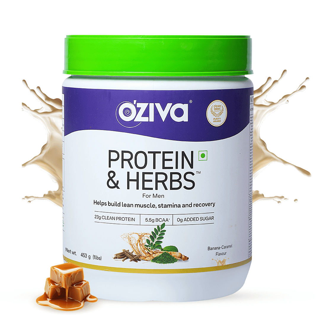 OZiva Protein & Herbs for Lean Muscles & Stamina, Men - Banana caramel,  453g (1 lbs)