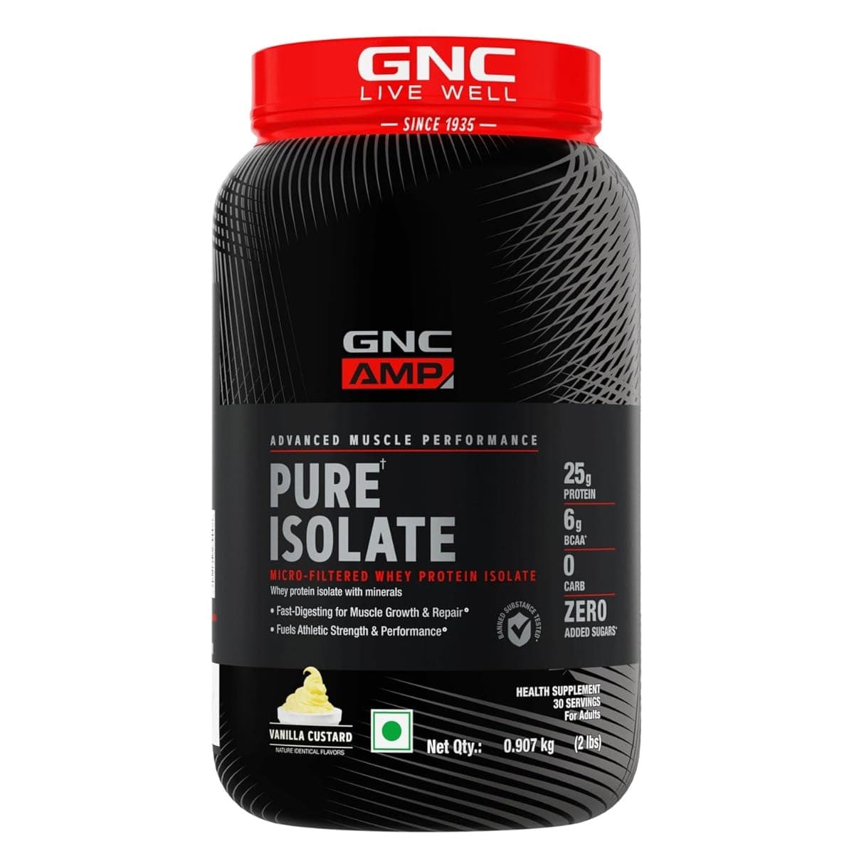 GNC AMP Pure Isolate Zero Carb | Boosts Athletic Performance | Builds Lean Muscles | Speeds Up Recovery | Increases Strength | USA Formulated | 25g Protein | 6g BCAA | Vanilla Custard | 2 lbs