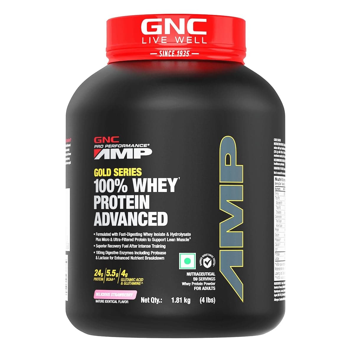 GNC AMP Gold Series 100% Whey Protein Advanced | Lean Muscle Gains | Advanced Fitness Performance | Formulated In USA | 24g Protein | 5.5g BCAA | 4g Glutamine | Delicious Strawberry | 4 lbs