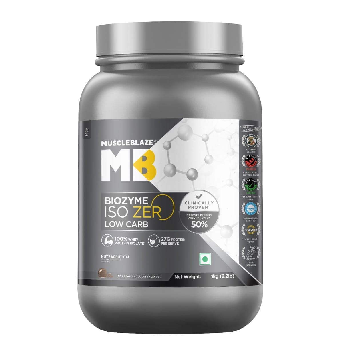 MuscleBlaze Biozyme Iso-Zero, Low Carb Whey Protein Isolate, 27 g Isolate Whey Per Scoop (Ice Cream Chocolate, 1 kg / 2.2 lb) with USA Patent-Published Enhanced Absorption Formula (EAF), Informed Choice UK, Labdoor USA Certified - Nutrition and Fitness Supplements | Buy online on ZillyBuy