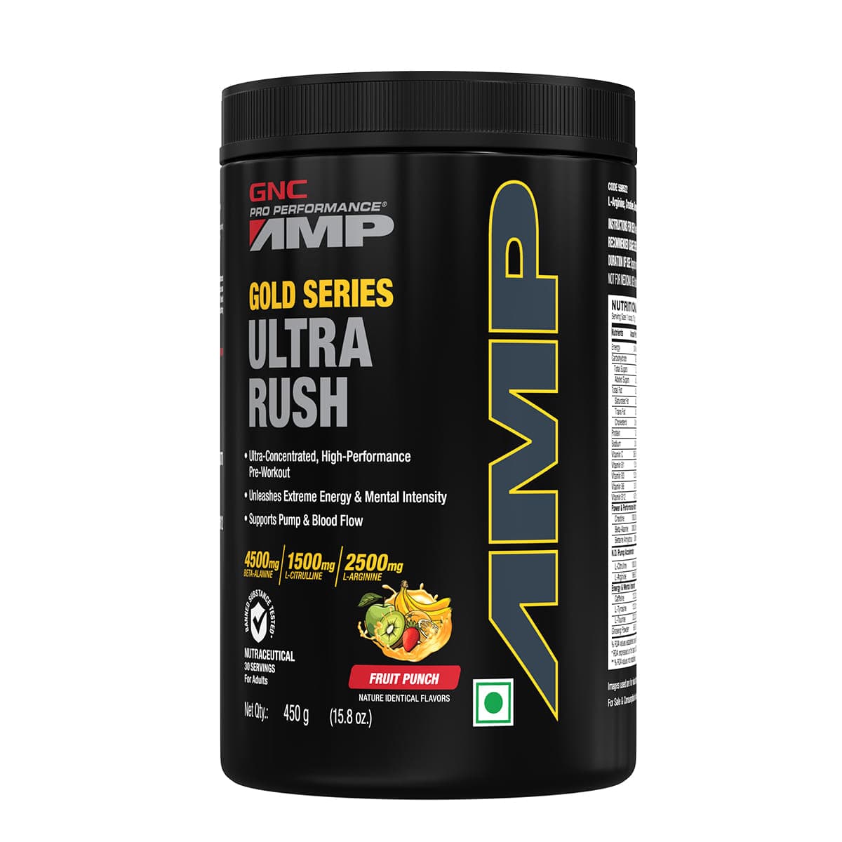 GNC AMP Gold Series Ultra Rush | Maximum Energy & Stamina | Deep Mental Focus | Powerful Muscle Pump | USA Formulated | 4.5g Beta-Alanine | 1.5g L-Citrulline | 2.5g L-Arginine | Fruit Punch | 450 g