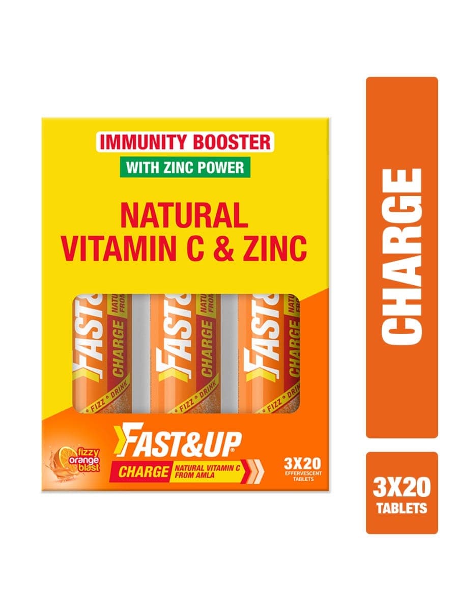 Fast & Up Charge Natural Vitamin C & Zinc Effervescent Tablets with Amla - Orange (3 x 20 Tablets) - Nutrition and Fitness Supplements | Buy online on ZillyBuy