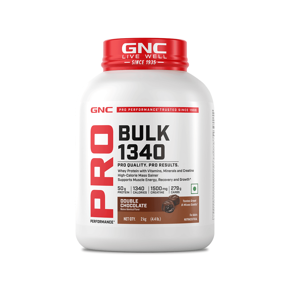 GNC Pro Performance Bulk 1340 | Promotes Targeted Gains | Boosts Muscle Size | High Energy | USA Formulated | 50g Protein | 279g Carbs | 1340 Cal | 1.5g Creatine | Double Chocolate | 2 kg