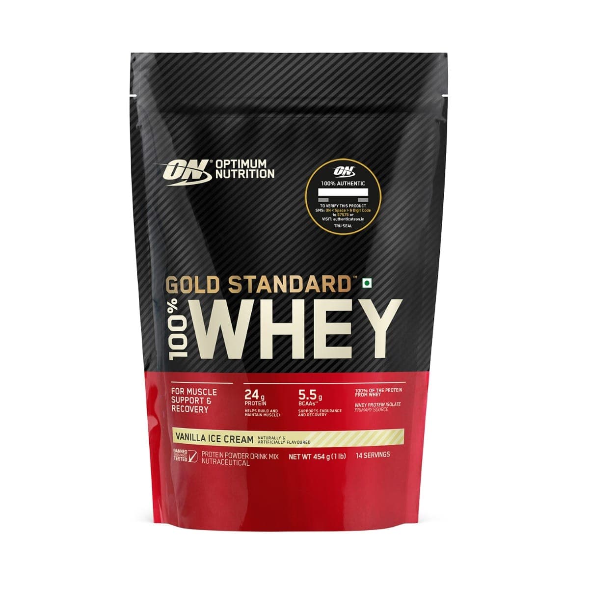 Optimum Nutrition (ON) Gold Standard 100% Whey Protein 1lbs | 14 Serving | 24g Protein | Vanilla Ice Cream Flavour | Muscle Support | Recovery - Nutrition and Fitness Supplements | Buy online on ZillyBuy