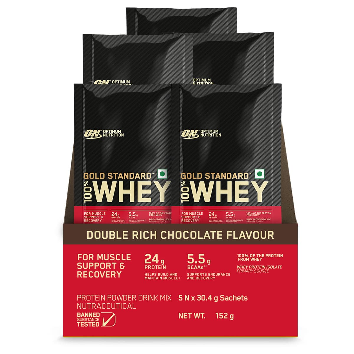 Optimum Nutrition (ON) Gold Standard 100% Whey Protein Powder- 5 X 30.4 g Single Serve Sachets (Double Rich Chocolate), for Muscle Support & Recovery, Vegetarian - Primary Source Whey Isolate - Nutrition and Fitness Supplements | Buy online on ZillyBuy