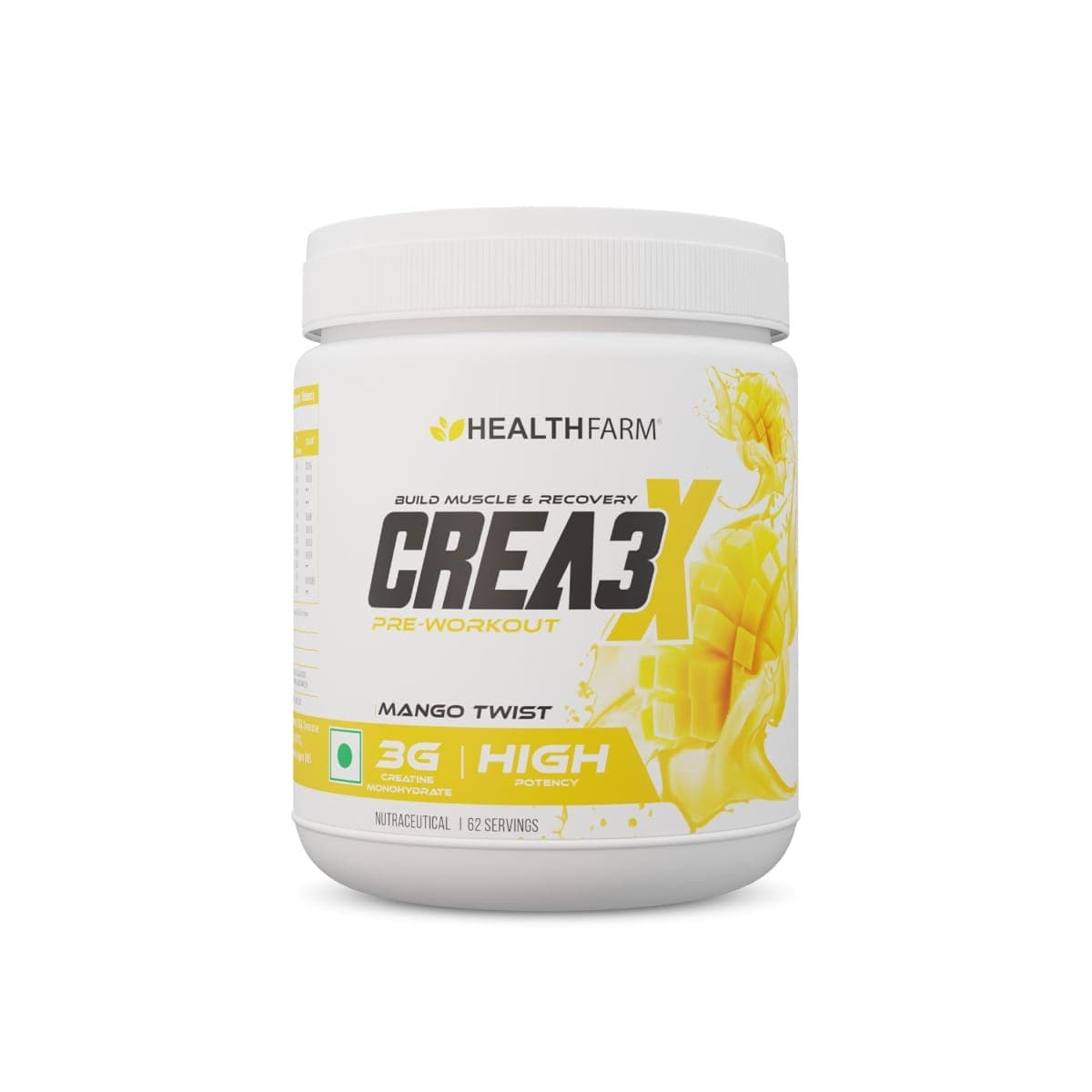 Healthfarm Crea3x Pre-Workout Supplement 250g 3g Creatine Monohydrate 62 Servings (250G, MANGO TWIST) | Creatine Monohydrate 3g| Sodium0.03mg| Energy 124Kcal| - Nutrition and Fitness Supplements | Buy online on ZillyBuy