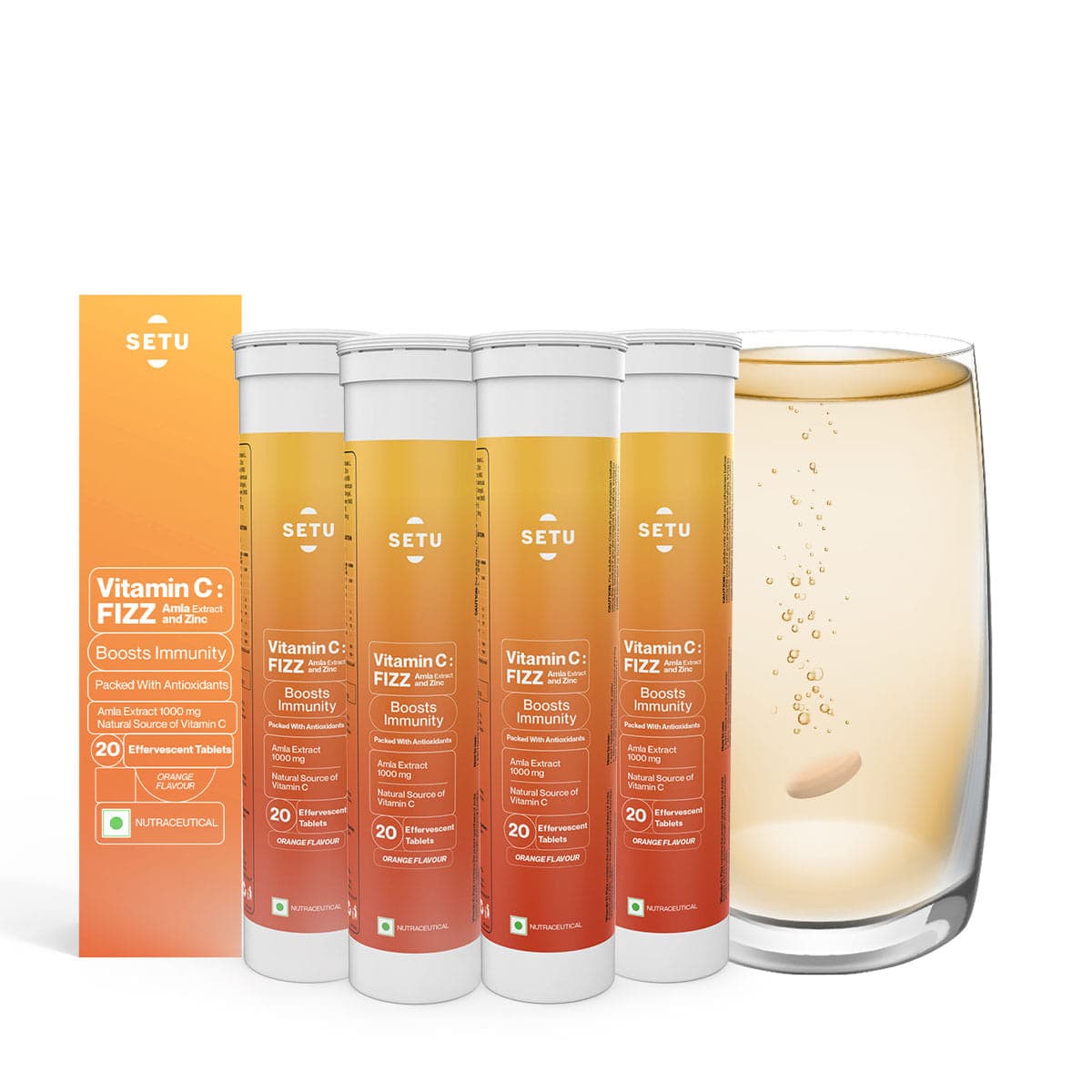 Setu Vitamin C: Fizz - 20 Effervescent Tablets (Pack of 4) | Amla Extract and Zinc, Boost Immunity, Skin | Orange Flavour - Nutrition and Fitness Supplements | Buy online on ZillyBuy