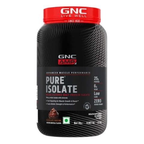GNC AMP Pure Isolate Low Carb | Boosts Athletic Performance | Builds Lean Muscles | Speeds Up Recovery | Increases Strength | USA Formulated | 25g Protein | 6g BCAA | Chocolate Frosting GNC AMP PURE ISOLATE LOW CARB 4LBS | 60 SERVING | 25G PROTEIN | CHOC