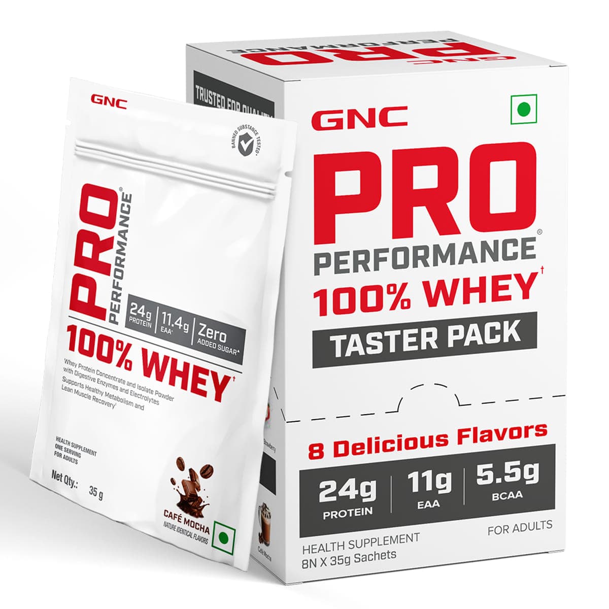 GNC Pro Performance 100% Whey Taster Pack | 8 Flavours x 35g Single-Serve Sachets | Muscle Growth & Recovery | Mango | Vanilla | Chocolate Flavors | Café Mocha | Kulfi | Strawberry | Kesar Pista