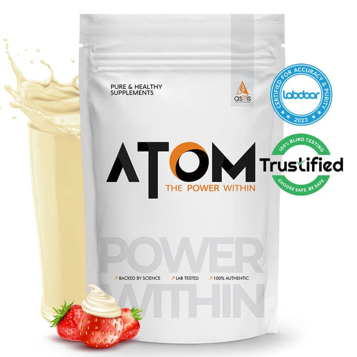 AS-IT-IS ATOM Whey Protein with Digestive Enzymes, 27g protein, 5.7g BCAA, Lab Tested , Creamy Strawberry - 1kg AS-IT-IS ATOM Whey Protein with Digestive Enzymes, 27g protein, 5.7g BCAA, Lab Tested , Creamy Strawberry - 1kg - Nutrition and Fitness Supplements | Buy online on ZillyBuy