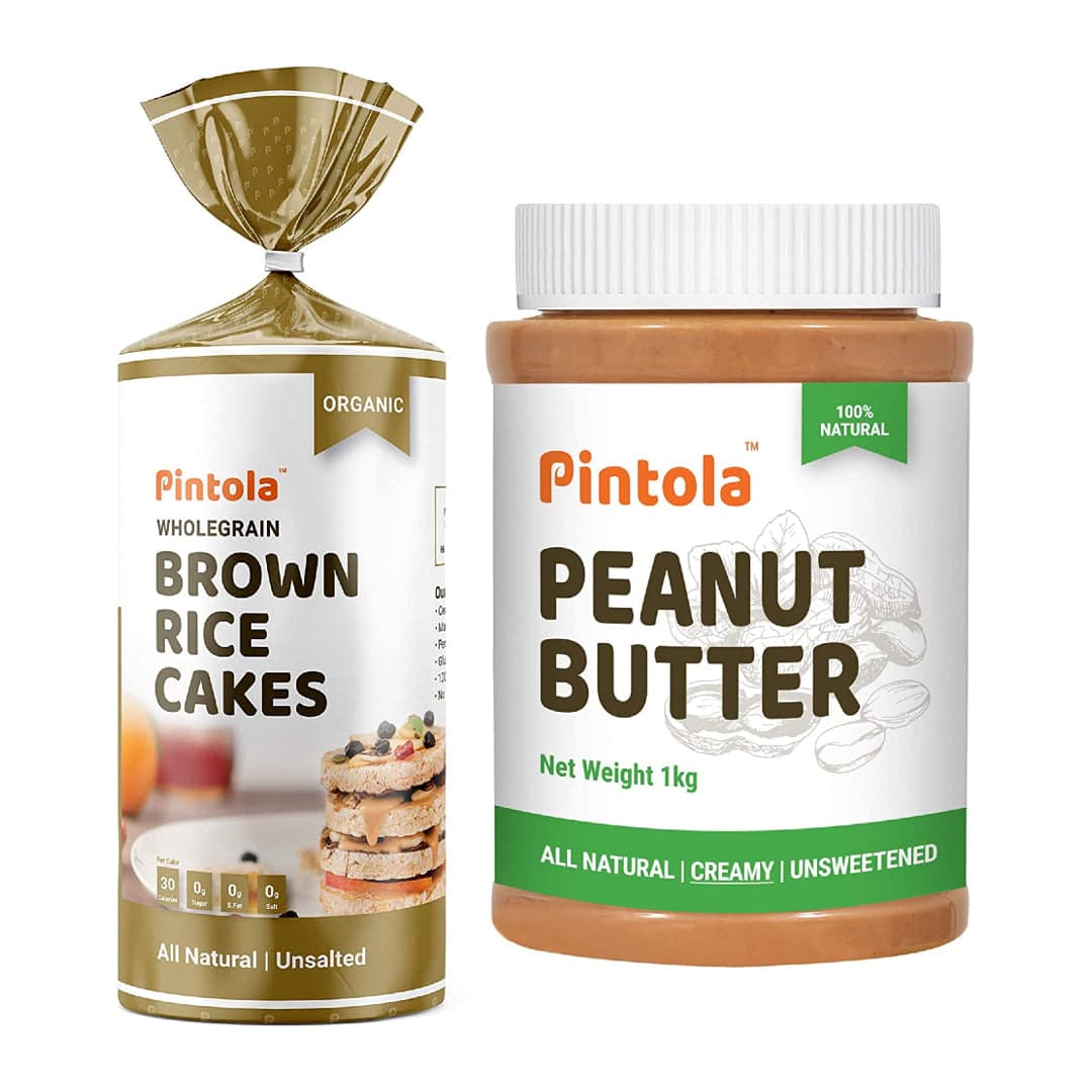Pintola Organic Wholegrain Brown Rice Cakes (All Natural, Unsalted) (Pack of 1) + Pintola All Natural Peanut Butter (Creamy) (1 kg) (Unsweetened, Non-GMO, Gluten Free, Vegan)