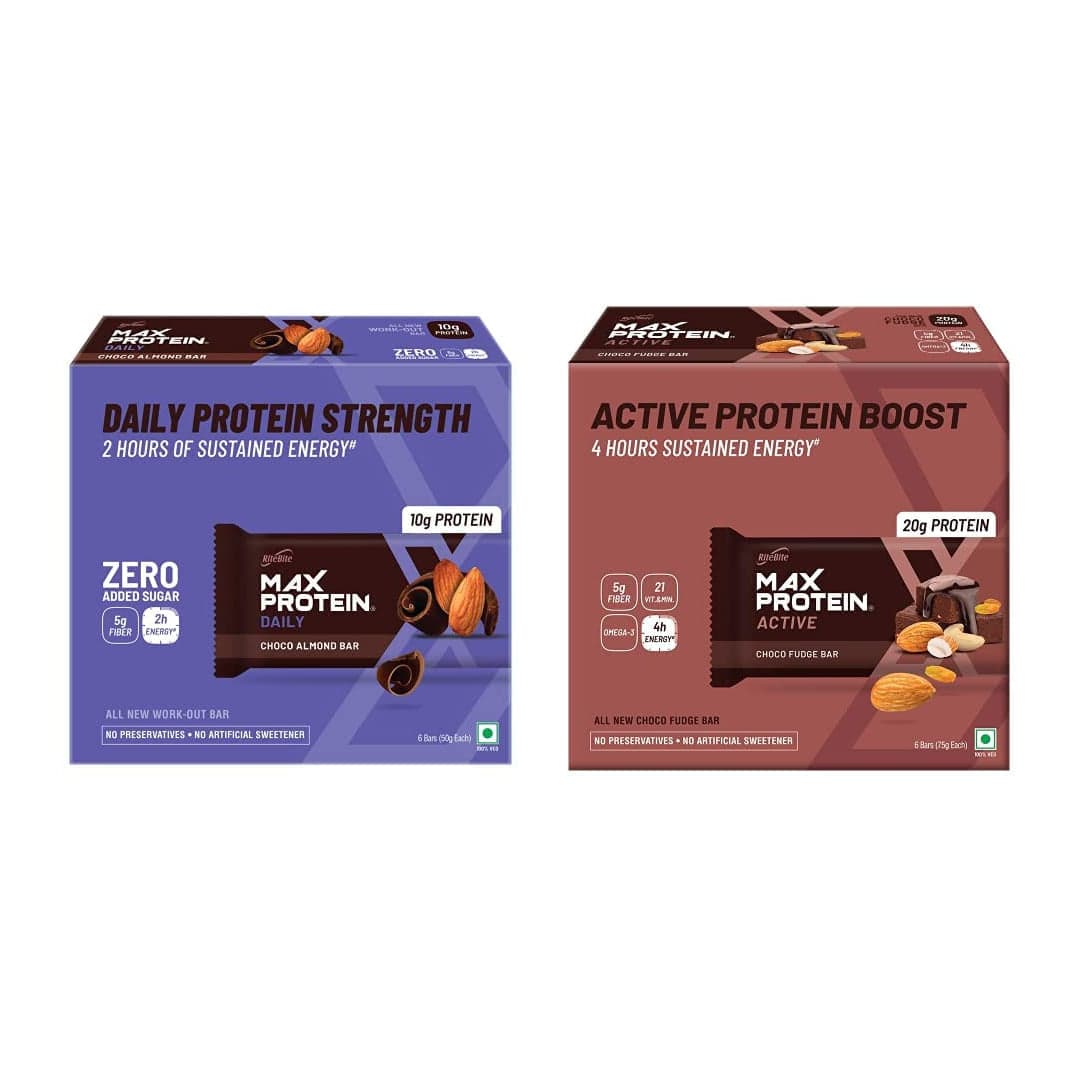 Ritebite Max Protein Daily Choco Almond Bars 300g - Pack of 6 (50g x 6) & RiteBite Max Protein Active Choco Fudge Bars 450g - Pack of 6 (75g x 6) - Nutrition and Fitness Supplements | Buy online on ZillyBuy
