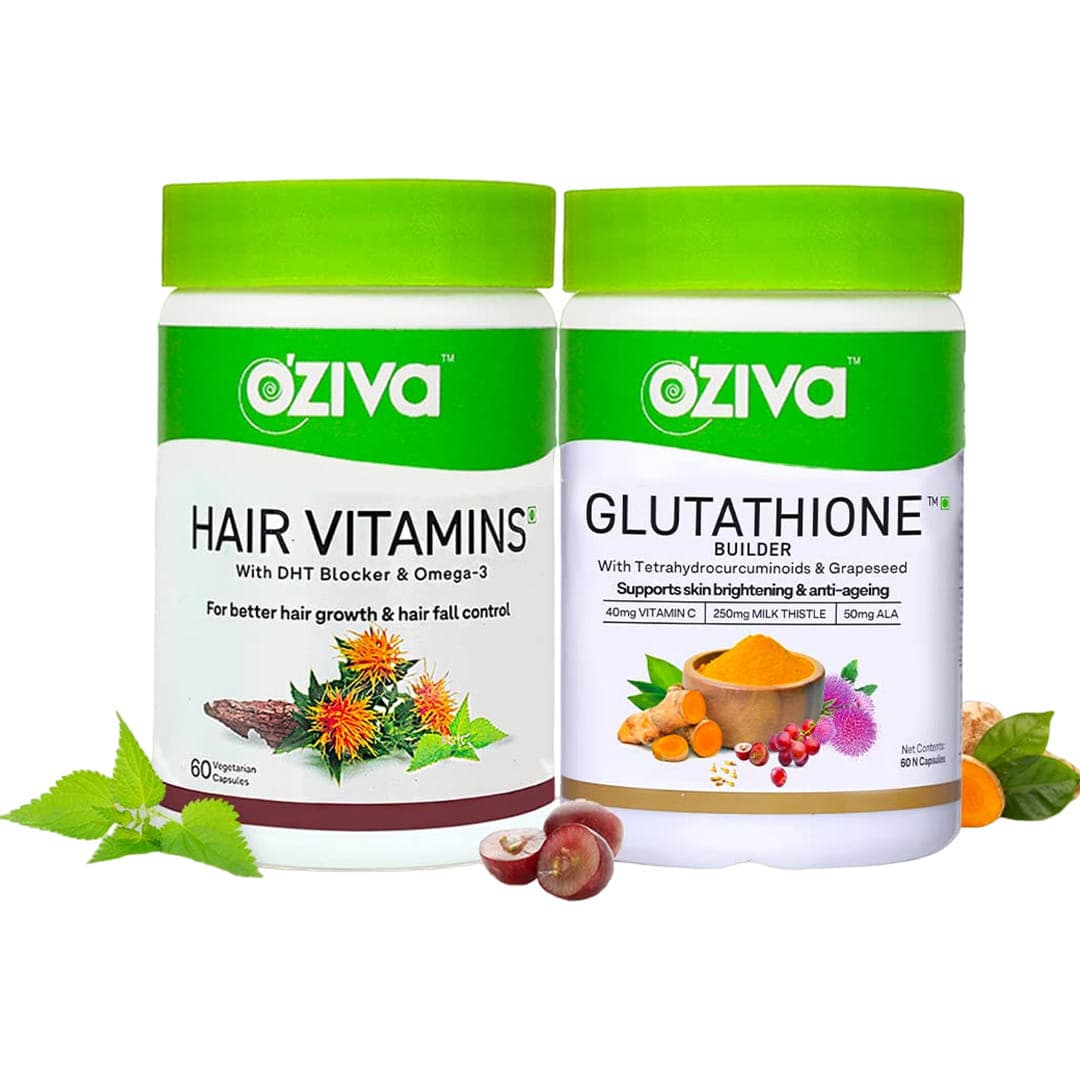 OZiva Hair Vitamins with DHT & Omega-3, 60 Capsules + Glutathione Builder, 60 Capsules with Grapseed for Hairfall control & Skin Brightening, Combo Pack