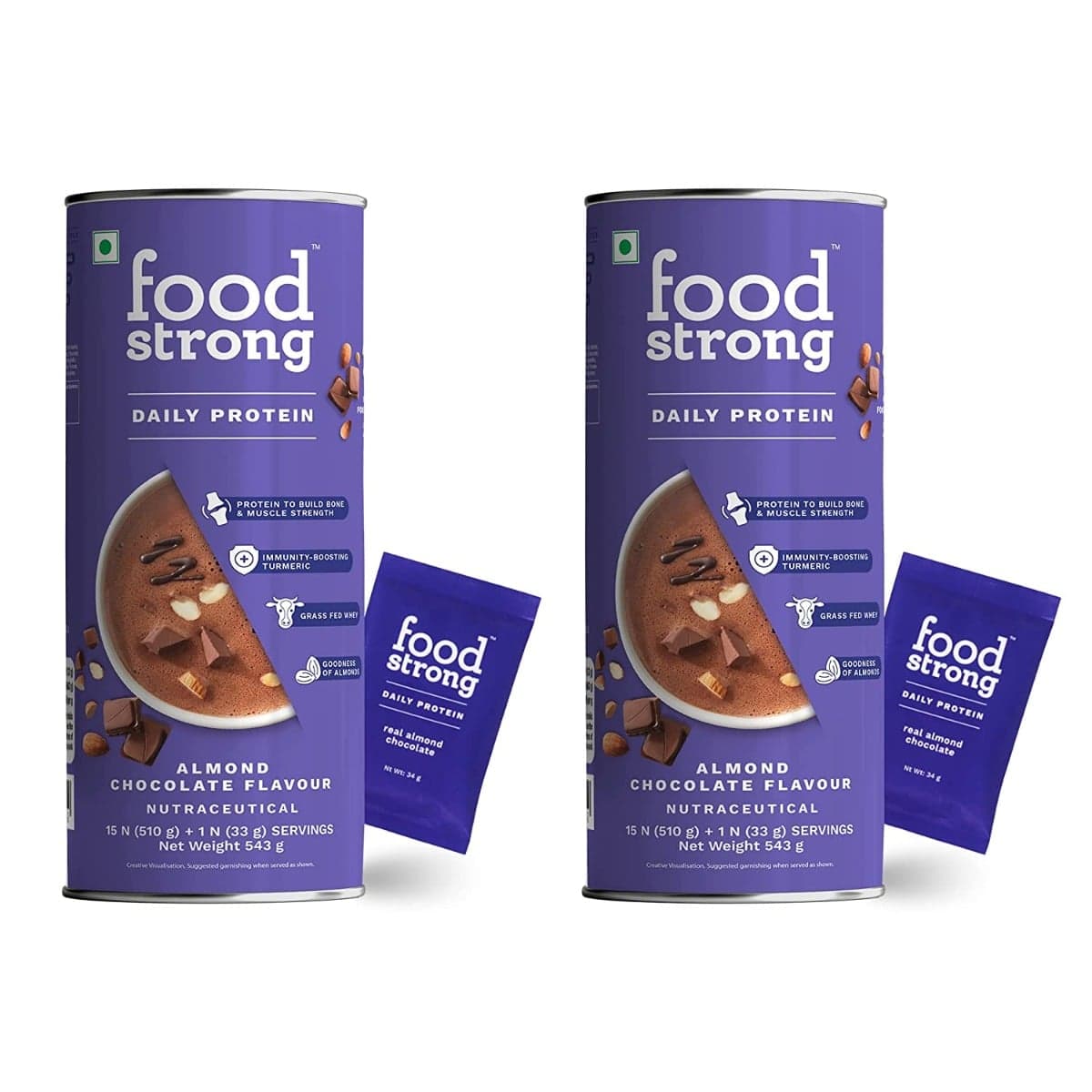 Foodstrong Whey Protein Powder, Grass-fed, 100% Whey, Daily Protein Almond Chocolate Flavour, 25.8g Protein, With Turmeric, Green Tea, Ashwagandha & Digestive Enzymes, 16 sachets, 543g | Pack of 2 - Nutrition and Fitness Supplements | Buy online on ZillyBuy