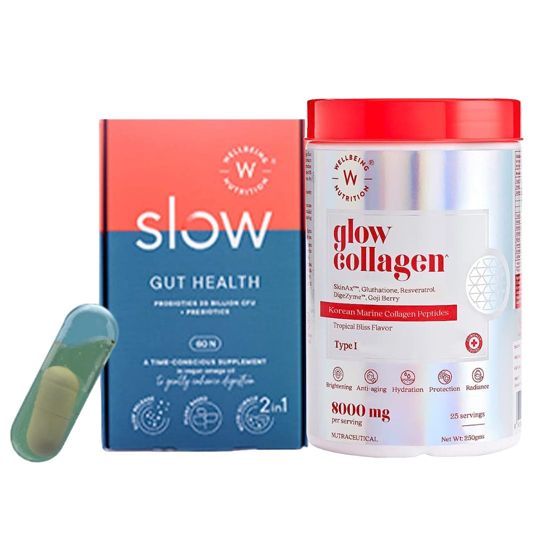 Wellbeing Nutrition Clear Skin Kit | Japanese Marine Collagen with SkinAx & Gut Health Slow Release Capsules for Blemish & Acne Free, Radiant Skin (250gms + 60 capsules) - Nutrition and Fitness Supplements | Buy online on ZillyBuy