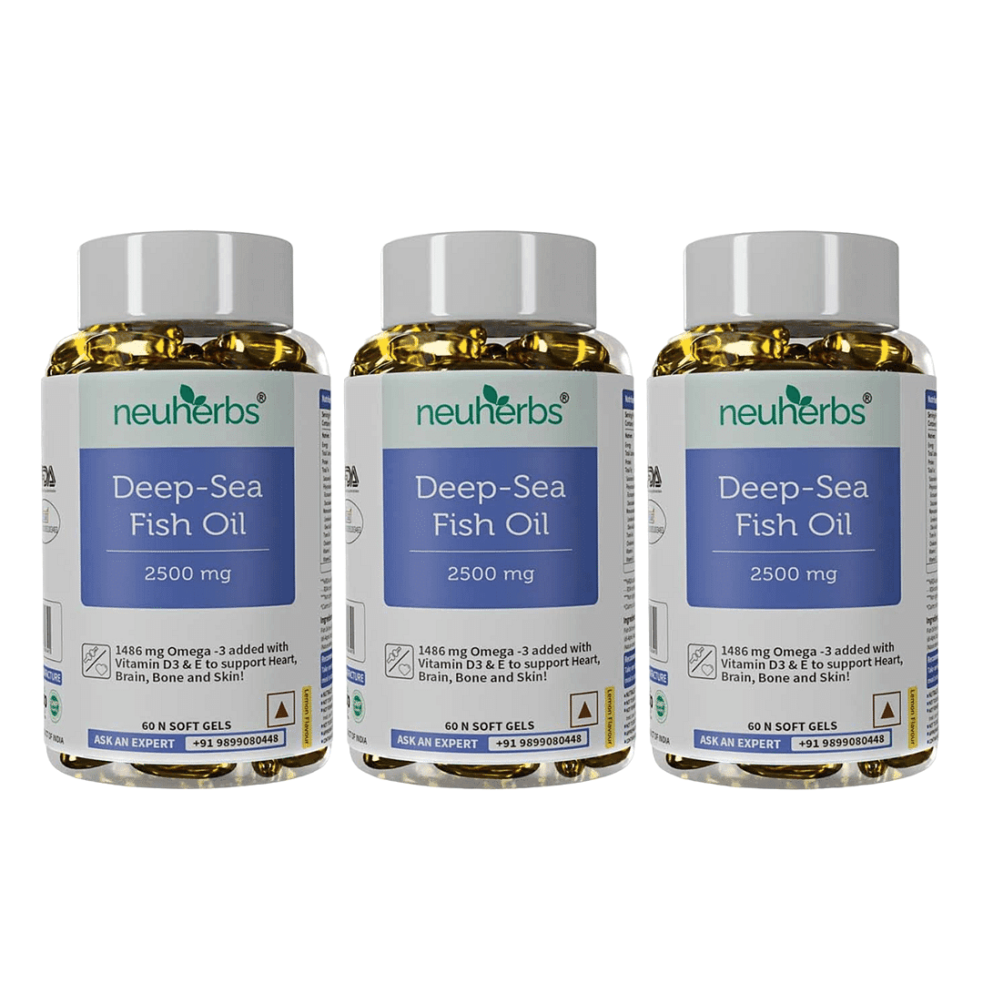 Neuherbs Deep Sea Omega 3 Fish Oil - Omega 3 Supplement Triple Strength 2500 Mg, Fish Oil softgels With No Fishy Burps with Lemon Flavour- 180 Softgel (60 Softgel Pack of 3) for Men and women - Nutrition and Fitness Supplements | Buy online on ZillyBuy