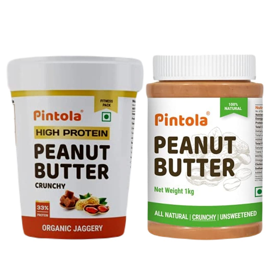 Pintola HIGH Protein Peanut Butter (ORGANIC JAGGERY) (Crunchy, 1kg) & Pintola All Natural Peanut Butter (Crunchy) | Unsweetened | 30g Protein | Non GMO | Gluten Free | Vegan | Cholesterol Free (1kg)