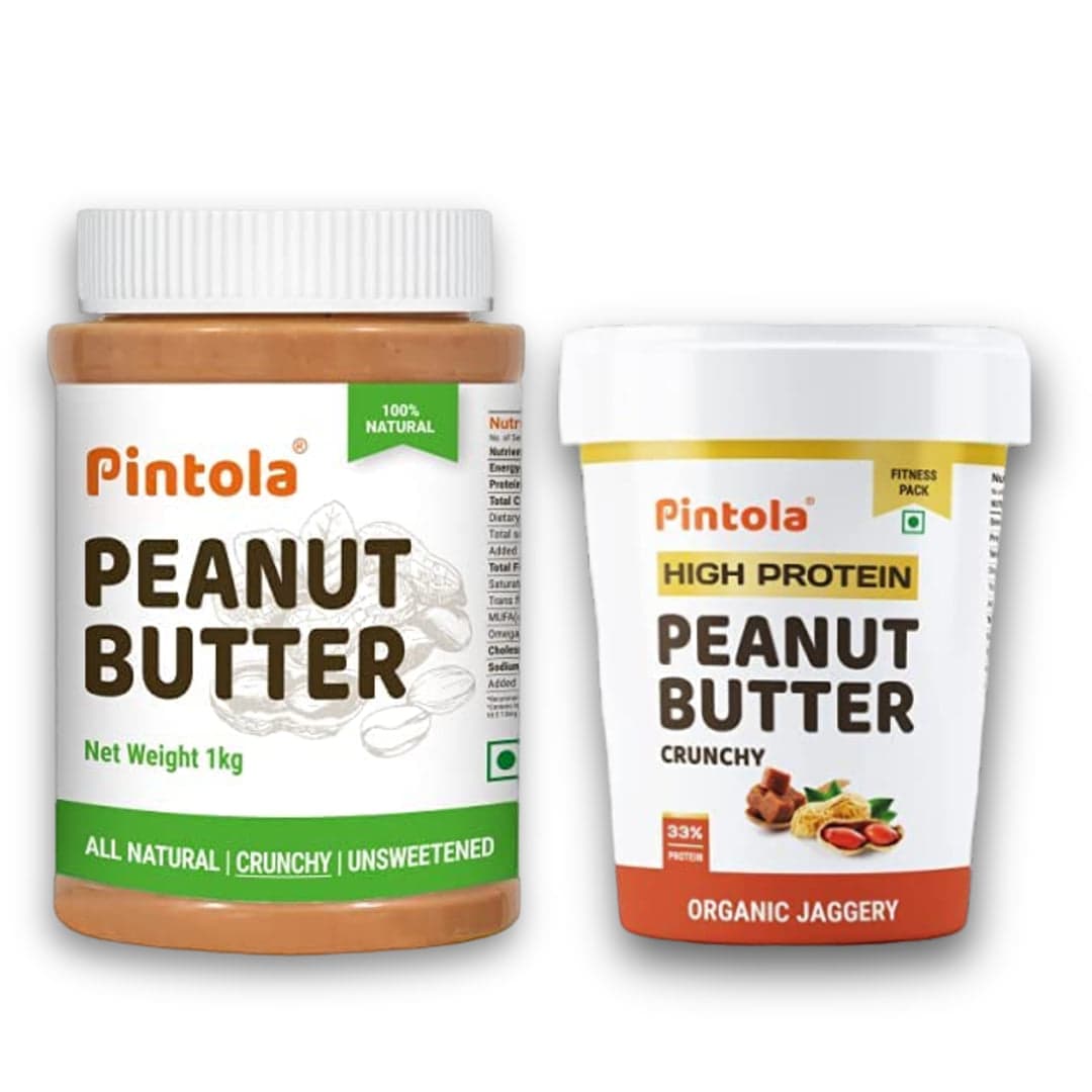 Pintola All Natural Peanut Butter (Crunchy) | Unsweetened | 30g Protein | Non GMO | Gluten Free | Vegan | Cholesterol Free (1kg) & Pintola HIGH Protein Peanut Butter (ORGANIC JAGGERY) (Crunchy, 510g)