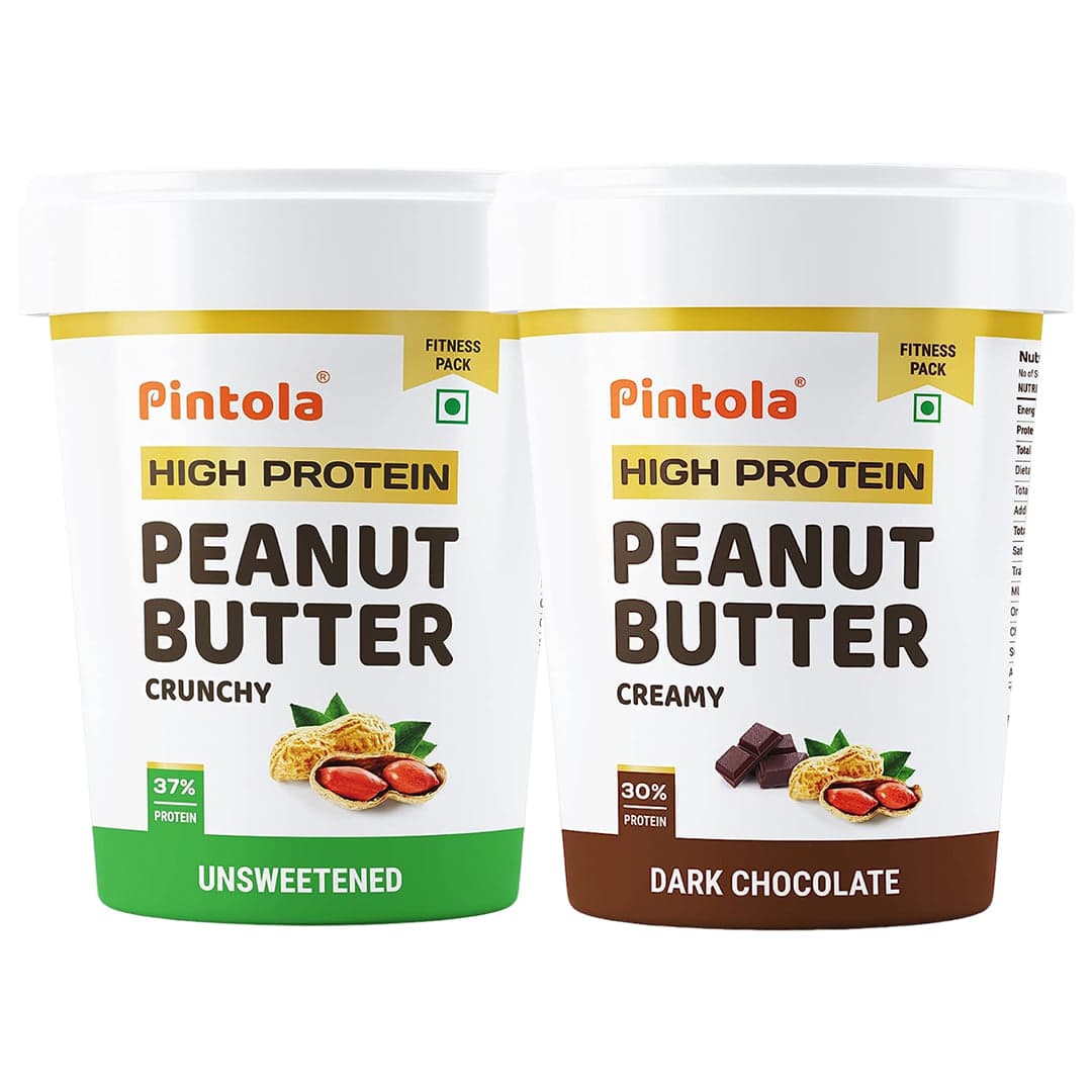 High Protein All Natural Peanut Butter (Crunchy, 510g) & Pintola HIGH Protein Peanut Butter (Dark Chocolate) (Creamy, 510g)