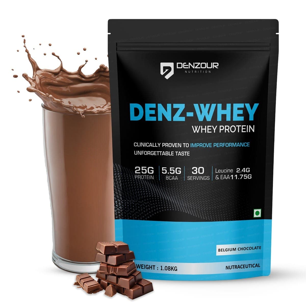 Denzour Nutrition Denz-Whey Protein with 25g Protein, 5.5g BCAA & 11.75g EAA for Muscle Support & Recovery - 1Kg, Belgium Chocolate