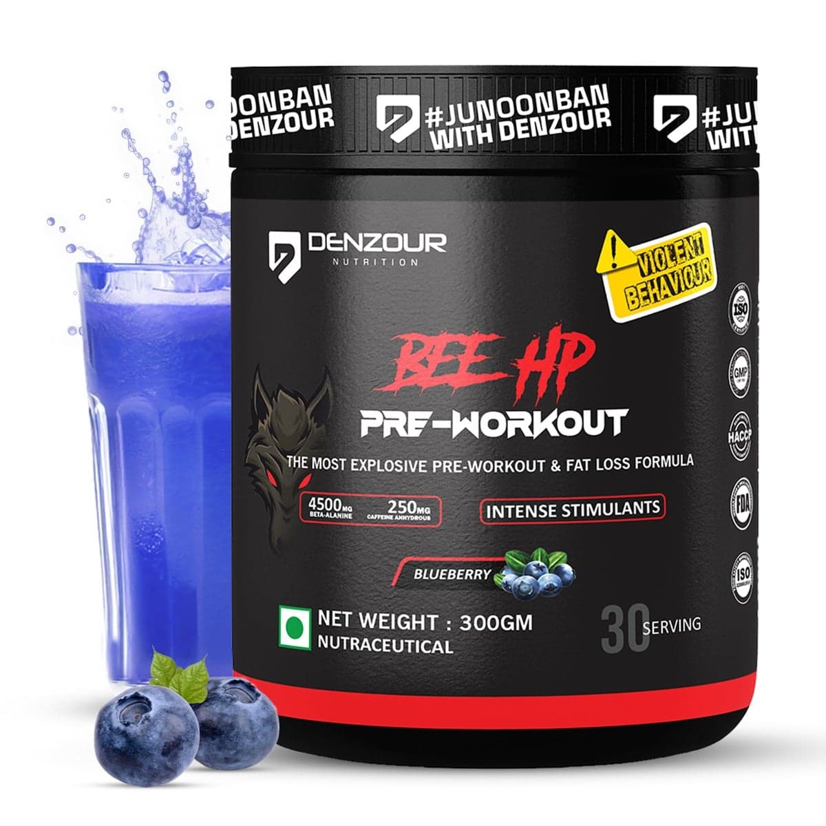 Denzour Nutrition BEE-HP Pre-Workout with 750mg Creatine Monohydrate & 4500mg Beta-Alanine, Intense Energy with Fat Loss Formula, 300g - Blueberry