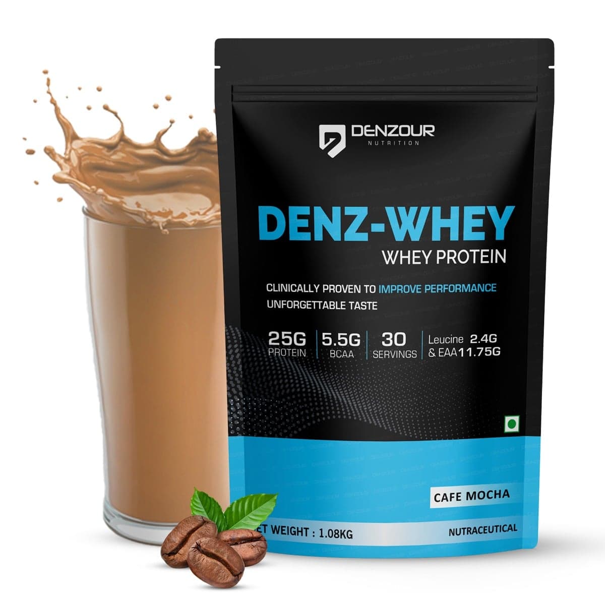 Denzour Nutrition Denz-Whey Protein with 25g Protein, 5.5g BCAA & 11.75g EAA for Muscle Support & Recovery - 1Kg, Caf Mocha