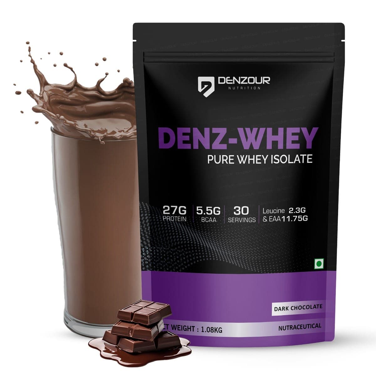 Denzour Nutrition Denz-Whey Pure Isolate 27g Protein with 5.5g BCAA with Zero Added Sugar, 1Kg, Dark Chocolate