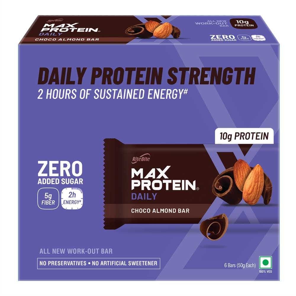 RiteBite Max Protein Daily Choco Almond RiteBite Max Protein Daily 1.2kg | 10g Protein | Choco Almond Flavour | Strength | Energy | (Pack of 24) - Nutrition and Fitness Supplements | Buy online on ZillyBuy