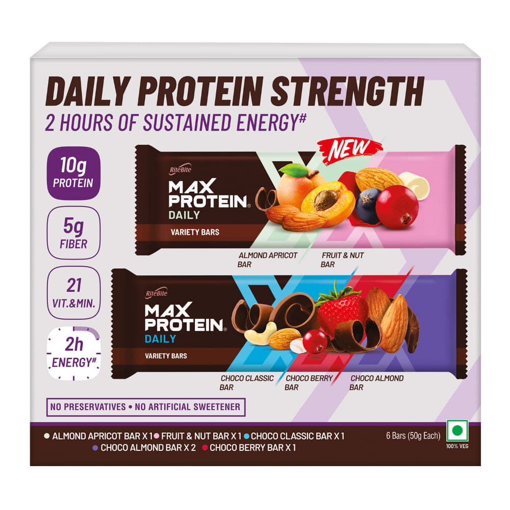 RiteBite Max Protein Daily Assorted - Choco Almond x 2, Choco Berry x 2, Choco Classic x 2 (Pack of 6), 300 g - Nutrition and Fitness Supplements | Buy online on ZillyBuy
