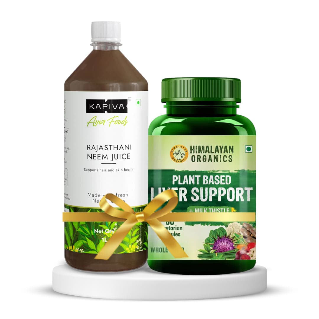 Blood Purify & Detoxify | Kapiva Neem Juice (For Healthy Hair & Skin), 1 L, Unflavoured + Himalayan Organics Plant Based Liver Support with Milk Thistle- 60 Veg Capsules - Nutrition and Fitness Supplements | Buy online on ZillyBuy