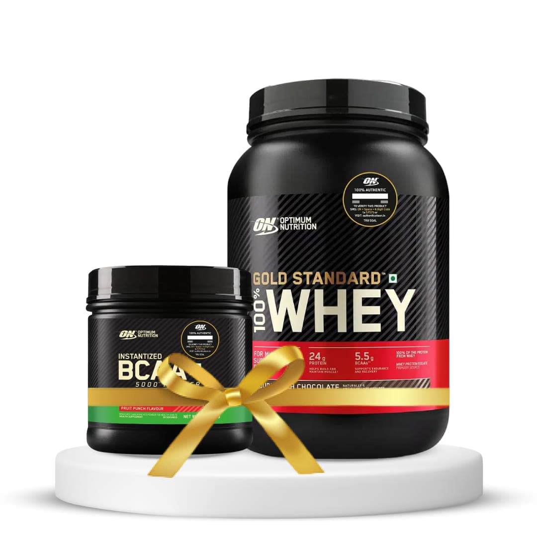 Optimum Nutrition (ON) Gold Standard 100% Whey Protein Powder 2 lbs, 907 g (Double Rich Chocolate) & Optimum Nutrition BCAA, 5g BCAAs in 2:1:1 Ratio, 30 servings (250gm, Fruit Punch) (Combo) - Nutrition and Fitness Supplements | Buy online on ZillyBuy