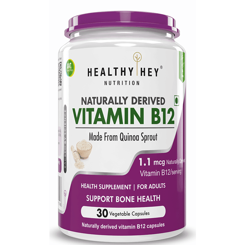 HealthyHey Nutrition Natural B12 Vitamin - Support Immune Health | Non-Synthetic, No-Chemical | 30 Veg. Capsules