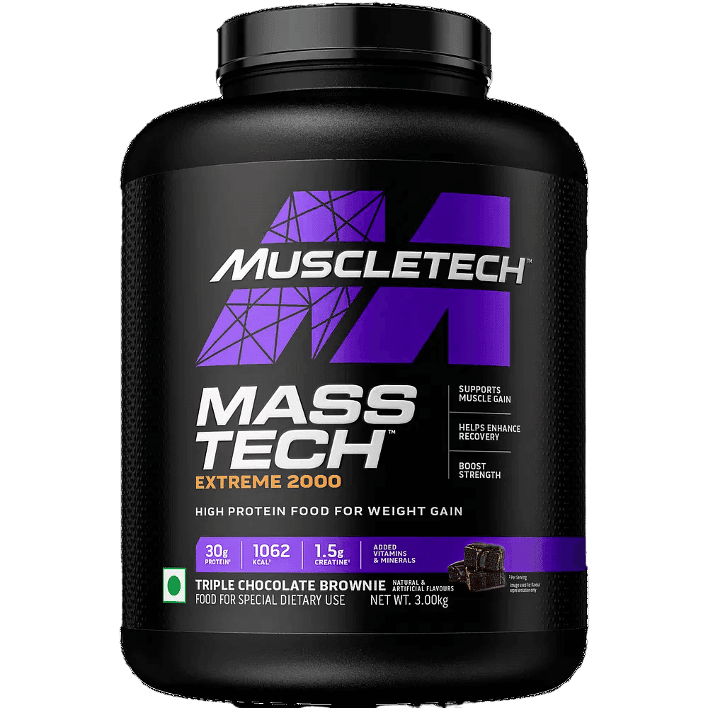MuscleTech Veg Mass Gainer-Triple Chocolate Brownie (3Kg Powder(10 Servings)-MassTech Extreme 2000 High Protein Food For Weight Gainer (30g Protein, 1073 Kcal,1.5g Creatine & Added Vitamin,Minerals) - Nutrition and Fitness Supplements | Buy online on ZillyBuy