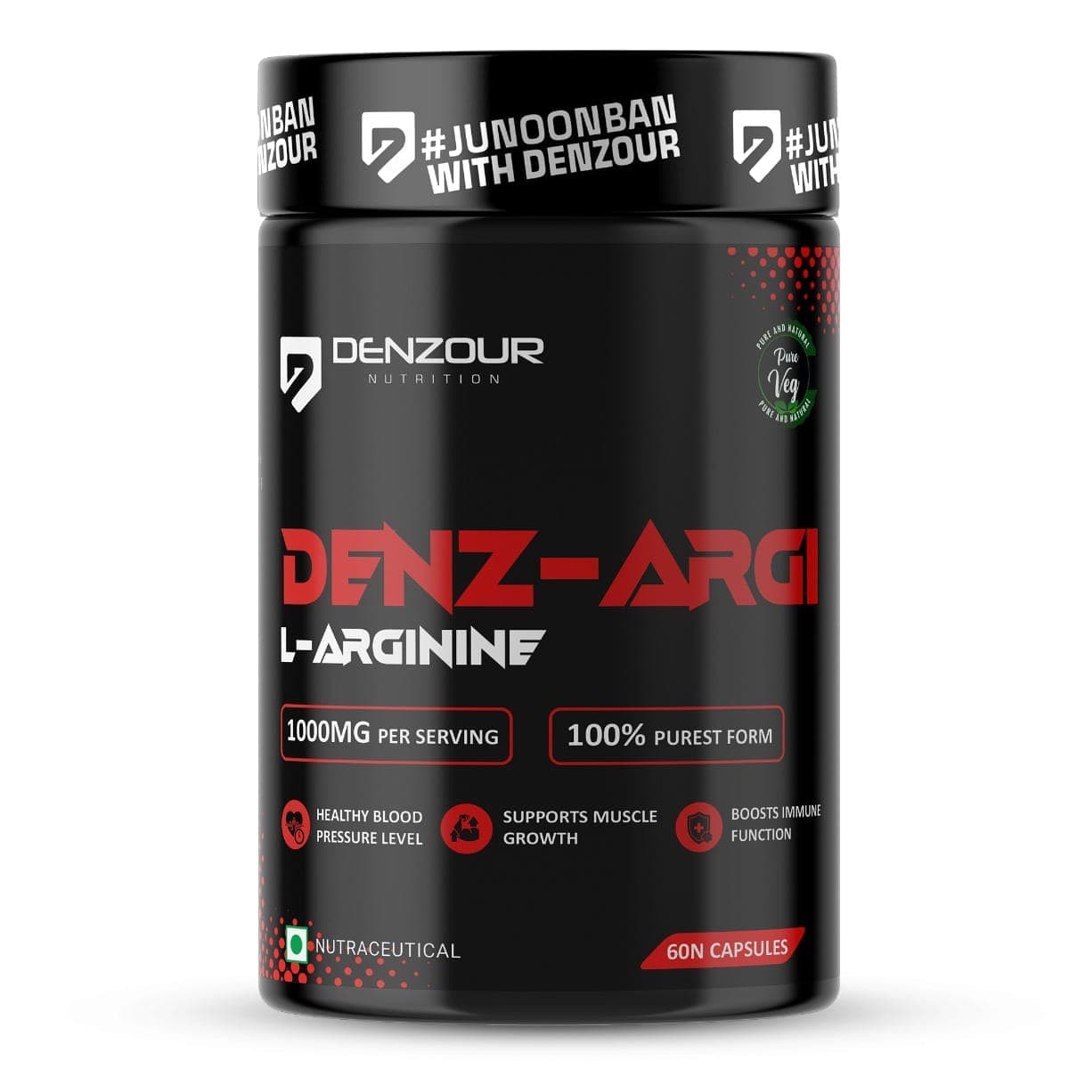 DENZOUR NUTRITION L-Arginine 1000 mg for Muscle Growth, Healthy Blood Pressure Level, Stamina, Recovery, Immune Booster & Energy | Supports Heavy Training For Men & Women- 60 Veg Capsules