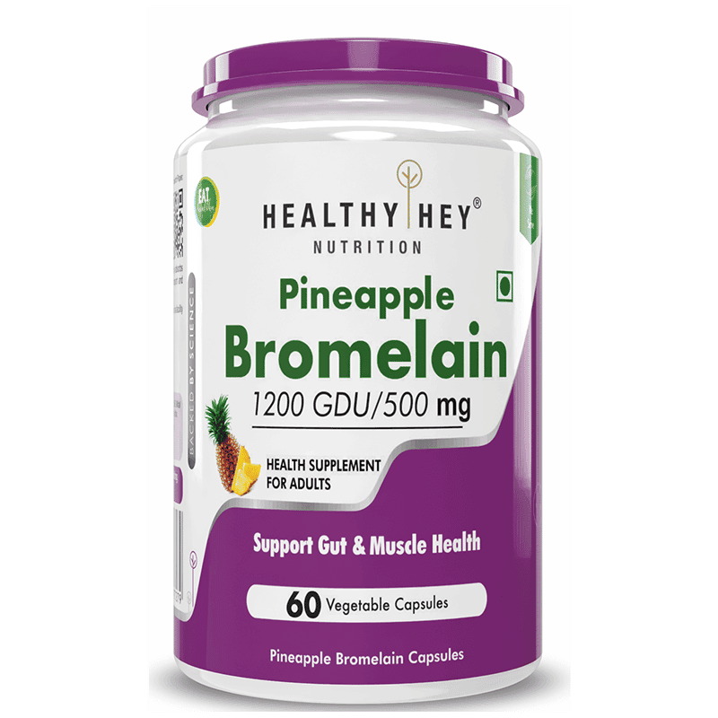 Healthyhey Nutrition Bromelain Digestive Enzyme- High Concentrate - 1200 Gdu/G - 500 Mg 60 Veg Caps (Pack Of 1) - Nutrition and Fitness Supplements | Buy online on ZillyBuy