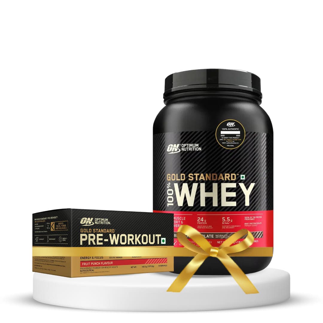 Optimum Nutrition (ON) Gold Standard 100% Whey Protein Powder 2 lbs, 907 g (Double Rich Chocolate) & Optimum Nutrition (ON) Gold Standard Pre-Workout- 142.5g/15 single serve packs (Fruit Punch Flavor), (Combo) - Nutrition and Fitness Supplements | Buy online on ZillyBuy
