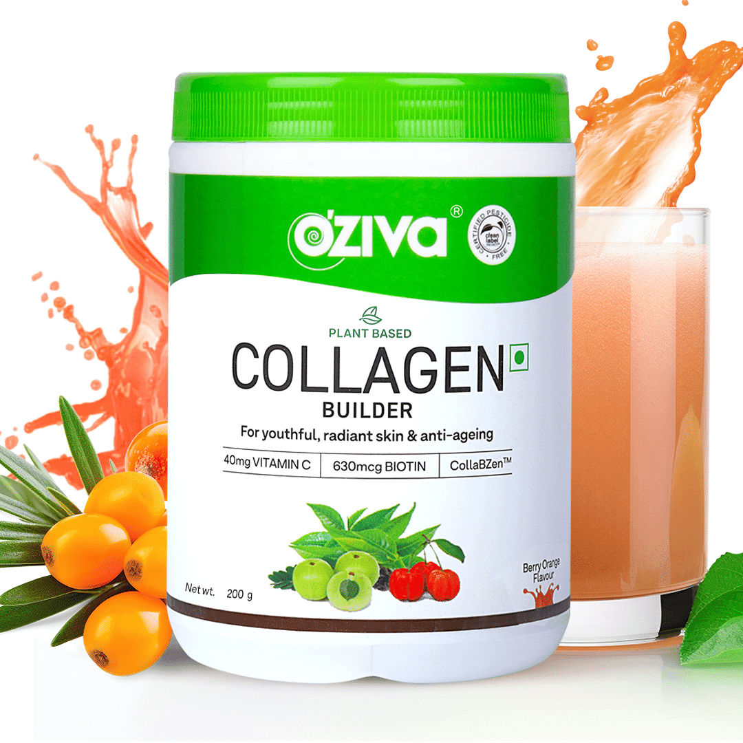 Oziva Plant Based Collagen Builder Powder Supports Glowing Skin, Stronger Hair, Nails & Joints Collagen Supplements For Women & Men (Collagen Powder Berry Orange, 200 G)