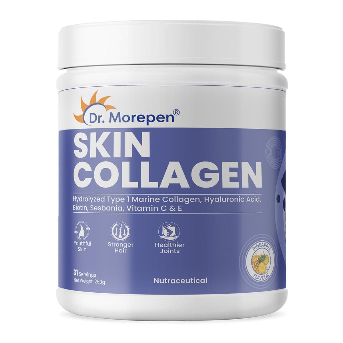 Dr. Morepen Skin Collagen Protein Powder With Hyaluronic Acid, Vitamin C, Sesabania & Biotin For Healthy Skin | Pineapple Flavour | 250g - Nutrition and Fitness Supplements | Buy online on ZillyBuy