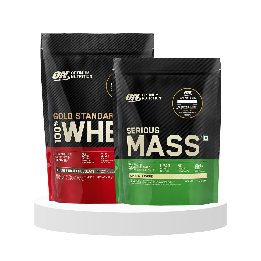 ON Serious Mass High Protein Weight Gain Powder(Veg)-1kg (Vanilla) & Optimum Nutrition (ON) Gold Standard 100% Whey Protein Powder 1 lbs, 454 g (Double Rich Chocolate), for Muscle Support & Recovery, Vegetarian - Primary Source Whey Isolate - Nutrition and Fitness Supplements | Buy online on ZillyBuy