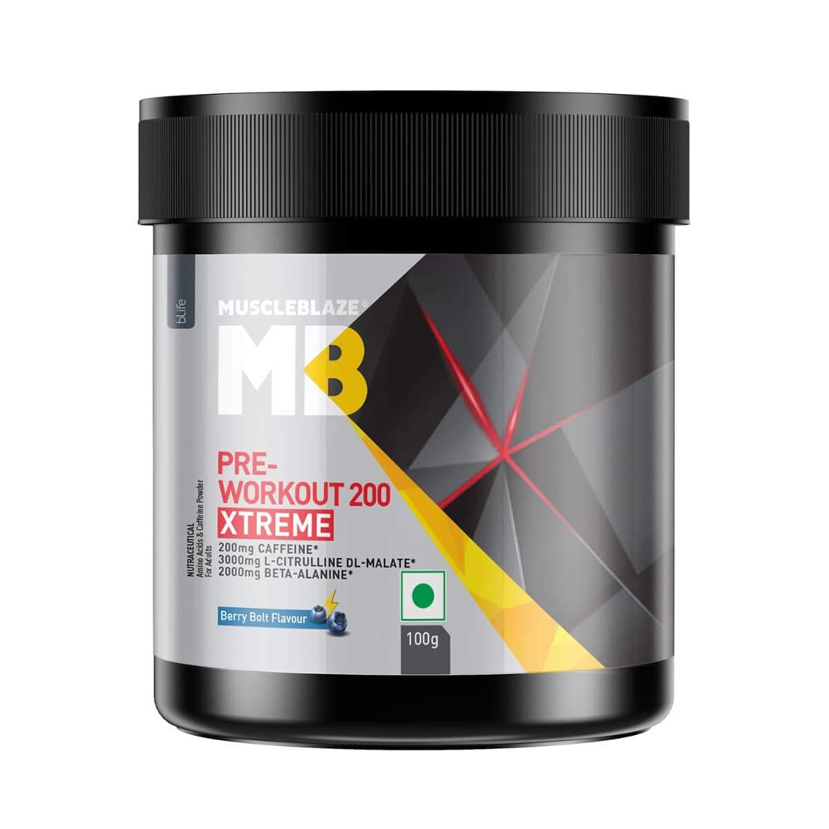 MuscleBlaze Pre Workout 200 Xtreme, 200mg Caffeine, 200mg Theanine, 2000mg Beta Alanine, 3000mg Citrulline (Berry Bolt, 100 g, 15 Servings) - Nutrition and Fitness Supplements | Buy online on ZillyBuy