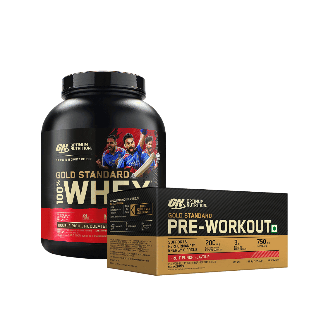 Optimum Nutrition (ON) Gold Standard 100% Whey Protein Powder - 5 lb, 2.27 kg - Double Rich Chocolate & Optimum Nutrition (ON) Gold Standard Pre-Workout- 142.5g/15 single serve packs (Fruit Punch Flavor) - Nutrition and Fitness Supplements | Buy online on ZillyBuy