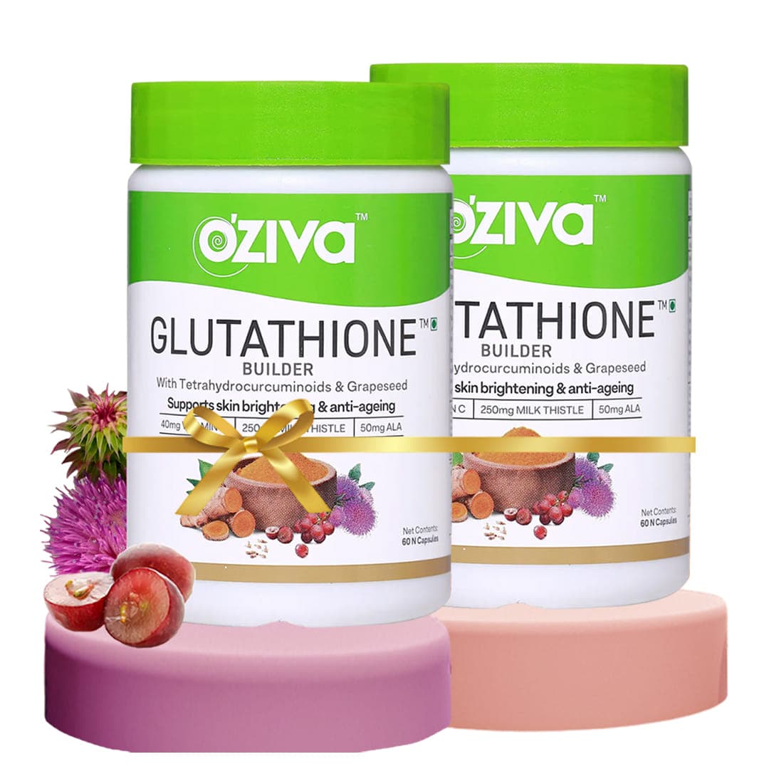 Oziva Plant Based Glutathione Builder, 60 Capsules| For Hydration, Skin Brightening & Powerful Antioxidant Activity With Skin Vitamins Grapeseed & Milk Thistle-Pack of 2
