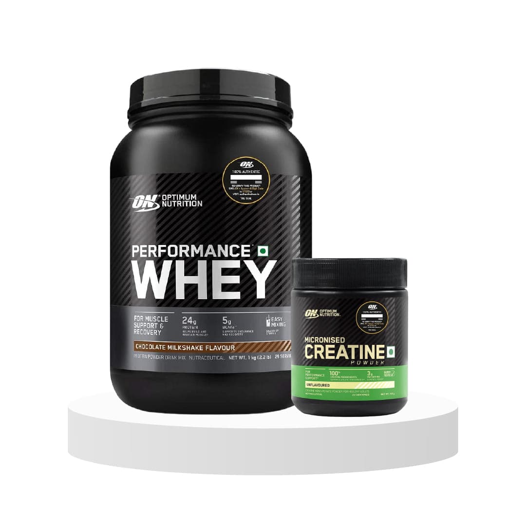 Shop Optimum Nutrition (ON) Performance Whey Protein Powder,1Kg,Choco & Optimum Nutrition (ON) Micronized Creatine Powder - 100 Gram,  Unflavored - Nutrition and Fitness Supplements | Buy online on ZillyBuy