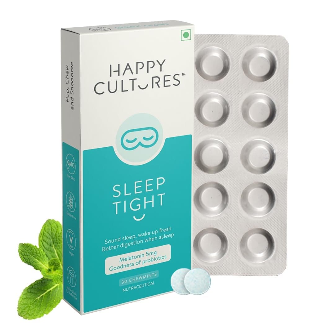 Happy Cultures Sleep Tight, Melatonin 5mg with Probiotics | Sleep Deeper & Wake Up Refreshed | Non Addictive & Natural | Clinically Tested | Helps Gas Relief, Indigestion | 30 chew mints - Nutrition and Fitness Supplements | Buy online on ZillyBuy