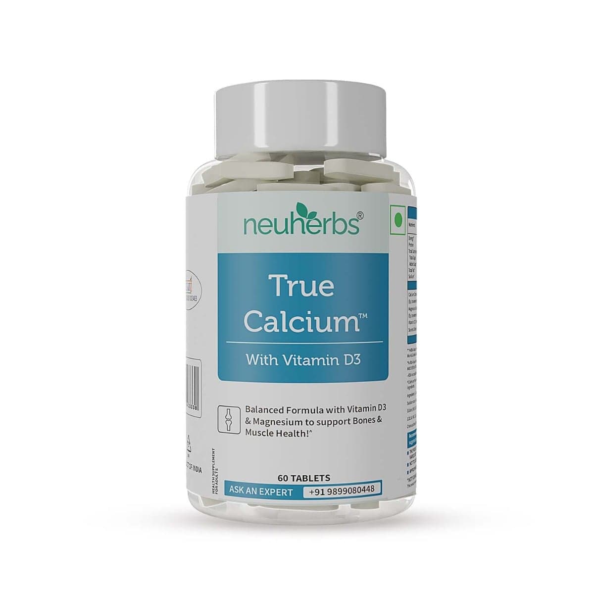 Neuherbs True Calcium Supplement For Men & Women With Plant Based Vitamin D3 & Natural Magnesium For Healthy Bones - 60 Vegan Tablets - Nutrition and Fitness Supplements | Buy online on ZillyBuy