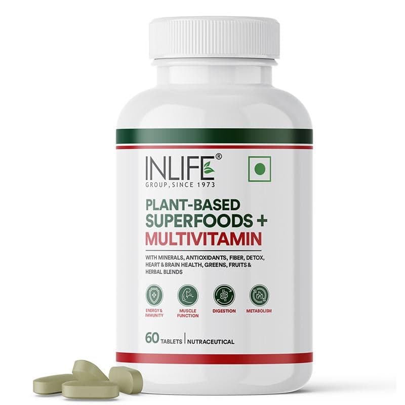 INLIFE Plant Based Multivitamin Tablets for Men & Women | 75 + Ingredients with Vitamins B12, D3 etc, Superfoods, Greens, Vegetables, Fruits & Herbs Supplement for Immunity & Energy 60 Tablets